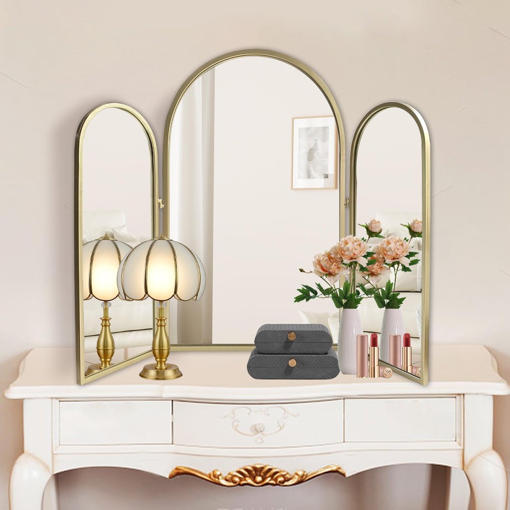 BAODANFU Trifold Vanity Mirrors 3 Way, 30 x 37in Adjustable Vanity Mirrors for Bathroom, Bedroom, Champaign Golden Arch Mirrors Wall Mounted Decoration, Braiding Hair, Makeup 360 Way