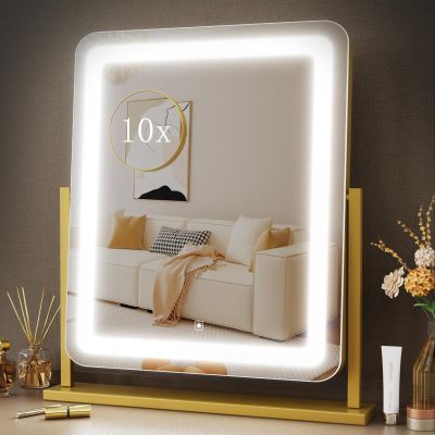 Gvnkvn Lighted Makeup Mirror, Hollywood Vanity Mirror with Lights, Three Color Lighting Modes, and Detachable 10X Magnification Mirror, Smart Touch Control, 360Rotation (15.2in. Gold)