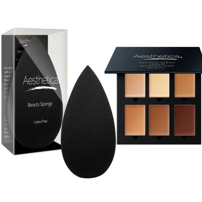 Aesthetica Cosmetics Beauty Sponge Blender - Latex Free and Vegan Makeup Sponge Blender + Aesthetica Cosmetics Cream Contour and Highlighting Makeup Kit - Contouring Foundation/Concealer Palette
