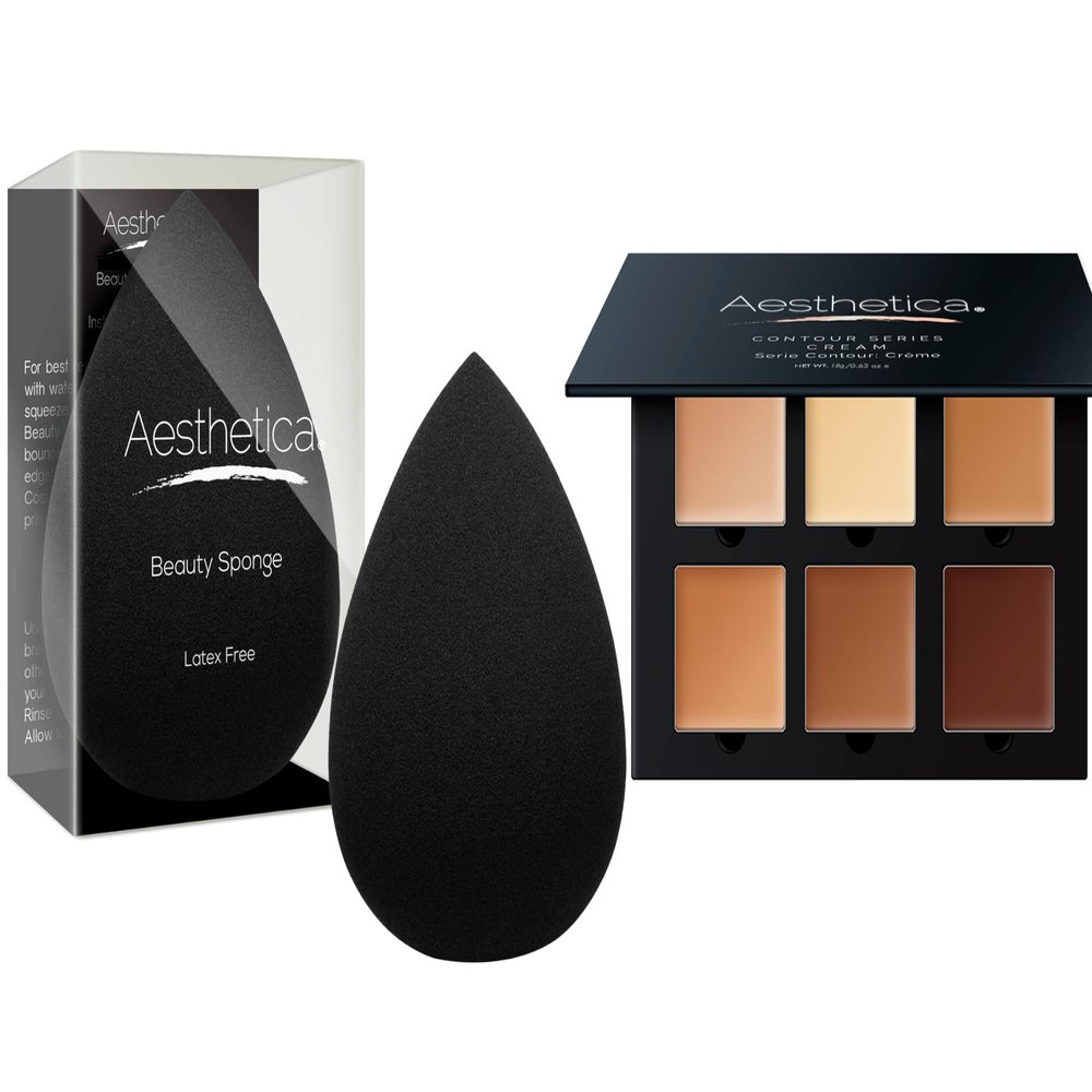 Aesthetica Cosmetics Beauty Sponge Blender - Latex Free and Vegan Makeup Sponge Blender + Aesthetica Cosmetics Cream Contour and Highlighting Makeup Kit - Contouring Foundation/Concealer Palette