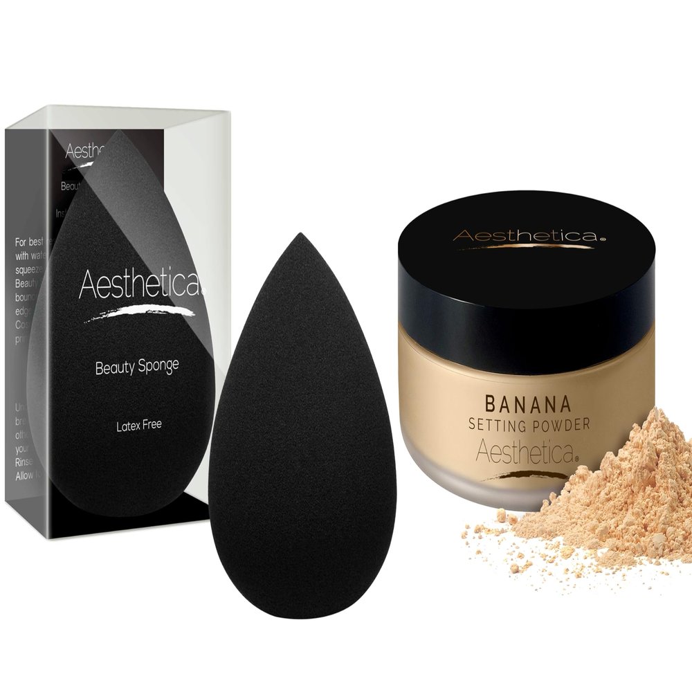 Aesthetica Cosmetics Beauty Sponge Blender - Latex Free and Vegan Makeup Sponge Blender + Banana Loose Setting Powder - Flash Friendly Superior Matte Finish Highlighter & Finishing Powder - Includes V