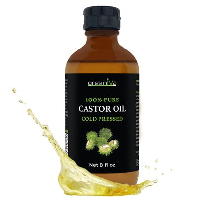 GreenIVe 100% Pure Castor Oil Cold-Pressed, Hexane-Free Hair, Eyebrows, Eyelashes, Skin Moisturizer, Castor Pack Wrap Oil GLASS Bottle (8 Fl Oz)
