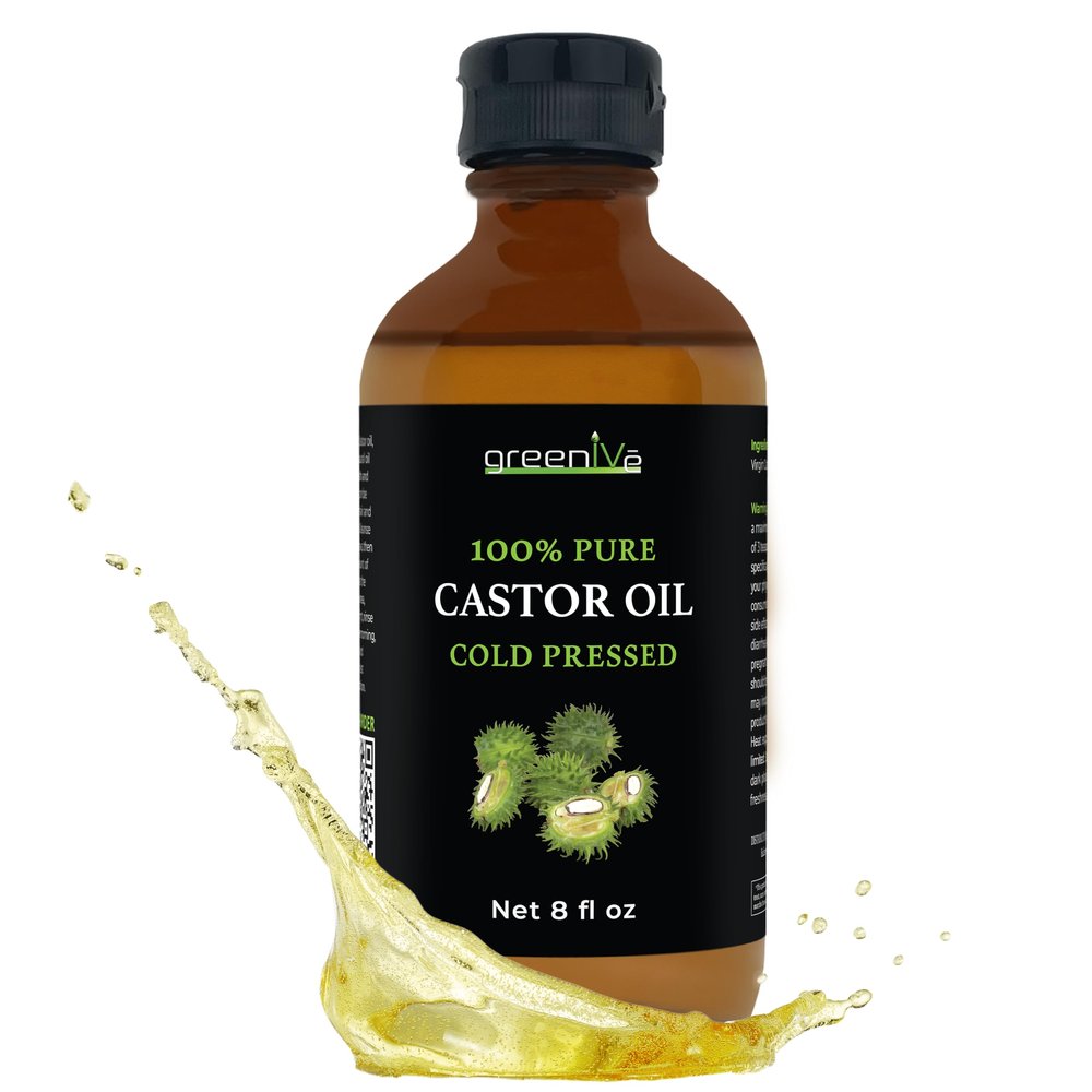 GreenIVe 100% Pure Castor Oil  Cold-Pressed, Hexane-Free  Hair, Eyebrows, Eyelashes, Skin Moisturizer, Castor Pack Wrap Oil GLASS Bottle (8 Fl Oz)