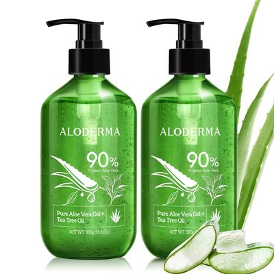 Aloderma Aloe Vera Gel + Tea Tree Oil, Made with Refreshing Organic Aloe for After Sun Skin Care, Multipurpose Use for Hair and Scalp, and Face or as a Shaving Gel or Aftershave - 10.6Oz x 2btls