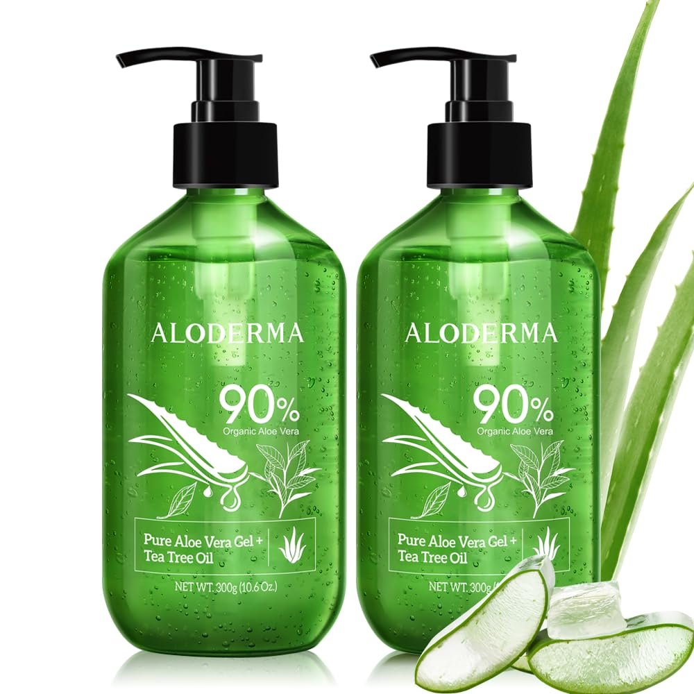Aloderma Aloe Vera Gel + Tea Tree Oil, Made with Refreshing Organic Aloe for After Sun Skin Care, Multipurpose Use for Hair and Scalp, and Face or as a Shaving Gel or Aftershave - 10.6Oz x 2btls