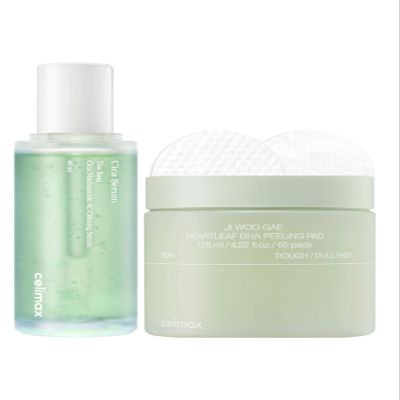 celimax The Real Cica Niacinamide AC Calming Serum 40ml + Ji.Woo.Gae Heartleaf BHA Peeling Pad(60 pads) Bundle