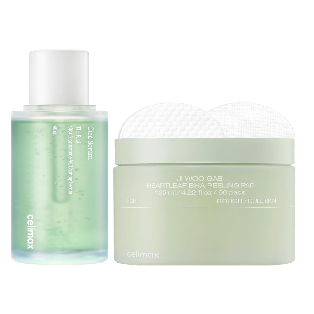 celimax The Real Cica Niacinamide AC Calming Serum 40ml + Ji.Woo.Gae Heartleaf BHA Peeling Pad(60 pads) Bundle