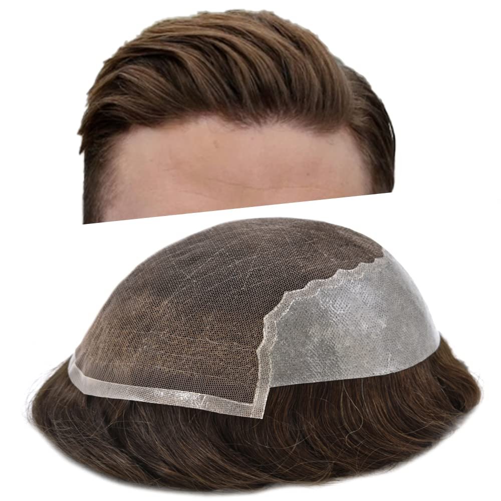 Toupee For Men Hair Piece Soft Swiss Lace Real Human Hair System Replacement Bleached Knot Mens Toupee Hair System Men Hairpiece Natural Hairline8x10Medium light density3ash#
