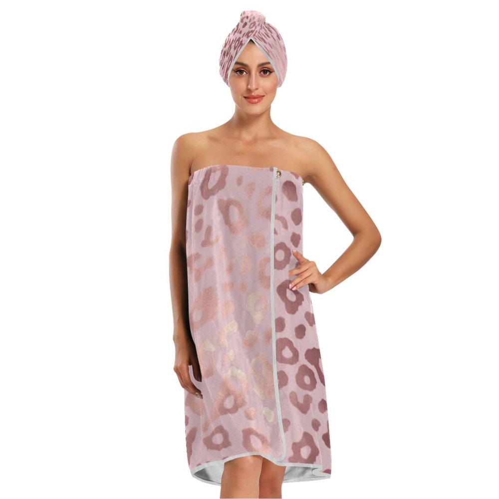 Bulletgxll Pink Leopard Women's Shower Wrap Towel Set of 3 Adjustable Spa Body Wrap Super Absorbent Bathrobe with Hair Towel & Headband