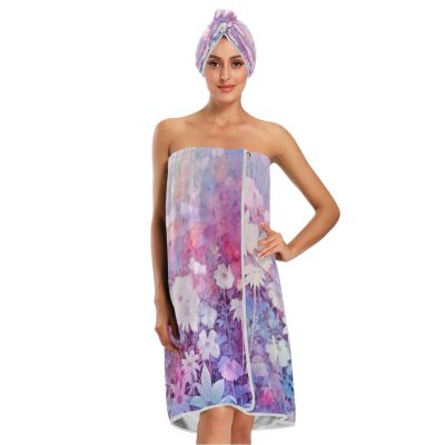Bulletgxll Pink Floral Women's Shower Wrap Towel Set of 3 Adjustable Spa Body Wrap Super Absorbent Bathrobe with Hair Towel & Headband
