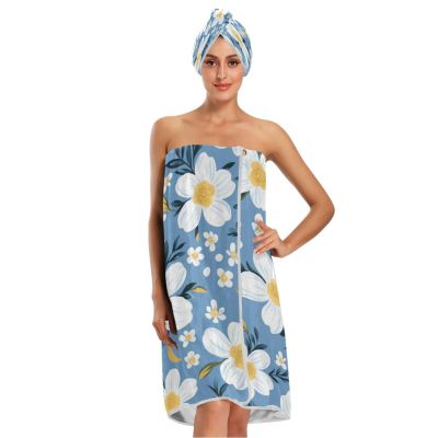Bulletgxll White Flower Women's Shower Wrap Towel Set of 3 Adjustable Spa Body Wrap Super Absorbent Bathrobe with Hair Towel & Headband