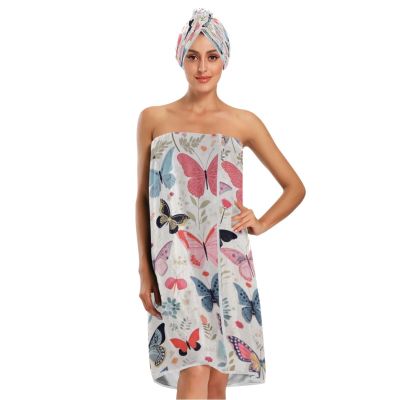 Bulletgxll Butterflies and Flower Women's Shower Wrap Towel Set of 3 Adjustable Spa Body Wrap Super Absorbent Bathrobe with Hair Towel & Headband