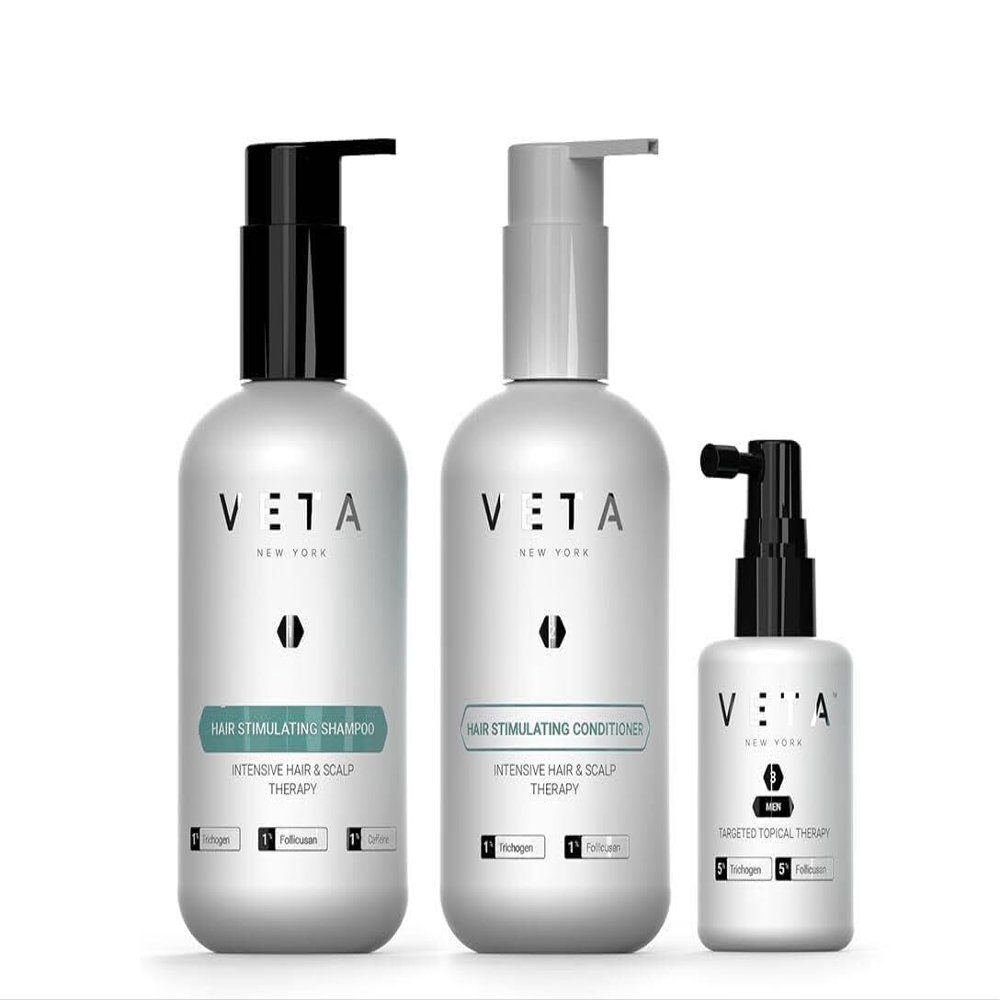 3-Step Hair Stimulating System For Men. Shampoo for Fuller Tresses. Conditioner For Hair Loss. 1% Follicusan, 1% Trichogen and Mens Targeted Topical Therapy, Revitalize and Stimulate - Veta