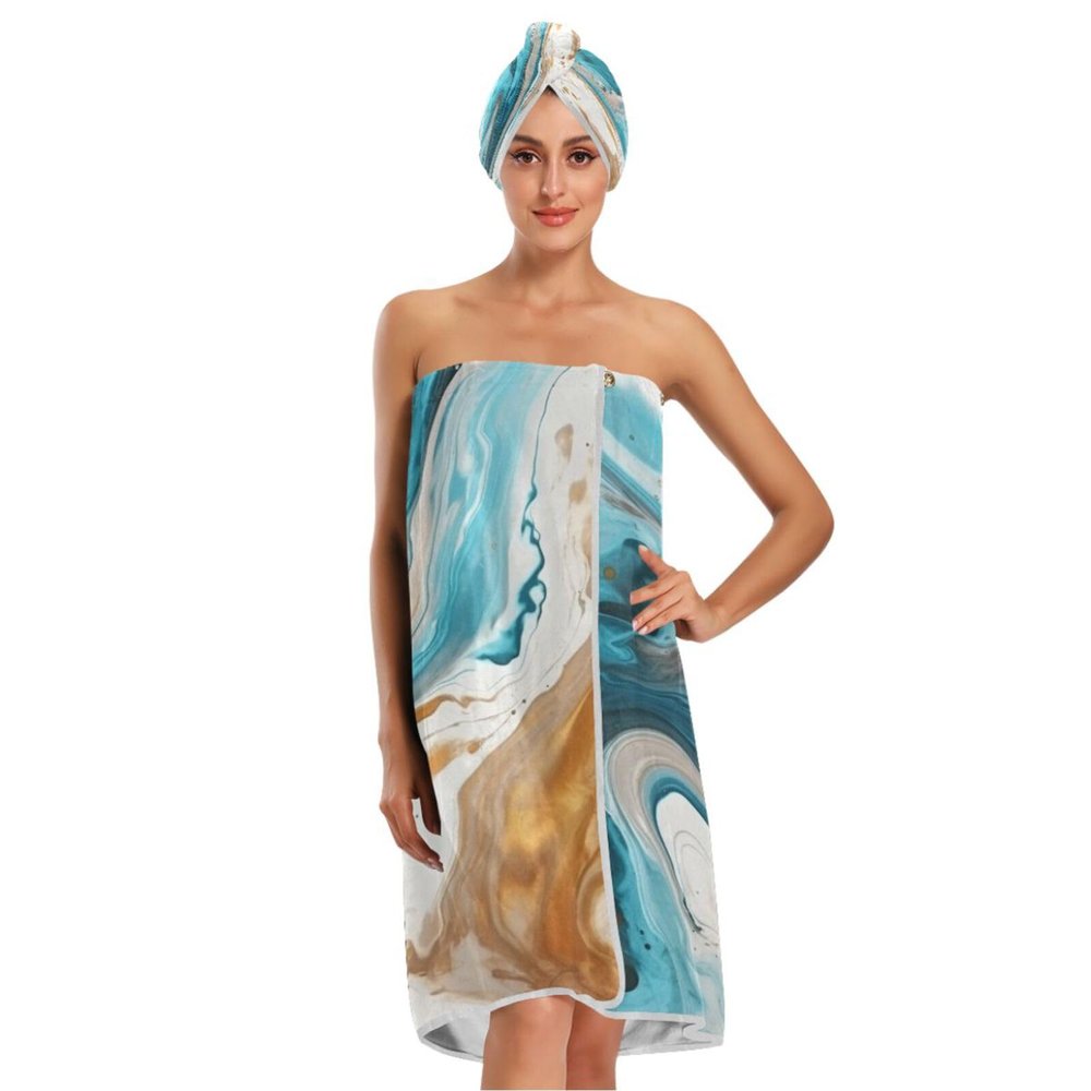 Bulletgxll White Marble Women's Shower Wrap Towel Set of 3 Adjustable Spa Body Wrap Super Absorbent Bathrobe with Hair Towel & Headband