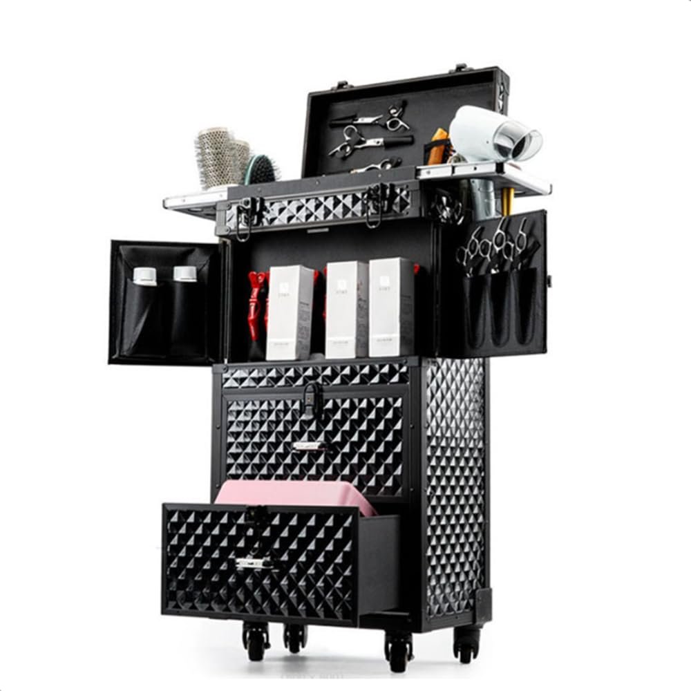 CNCEST Beauty Salon Luggage, Rolling Lockable Hair Stylist Travel Case Hairdressing Trolley Stylist Beauty Salon Cosmetic Luggage Travel Organizer Tool Box with Hair Dryer Holder