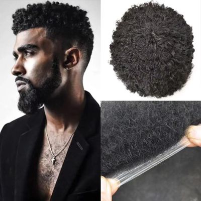 African American Mens Hair System With 0.06mm Super Thin Skin V-looped Base Afro Curly Toupee For Black Men Natural Hairline Hair Units for Black Men Afro Mens Toupee8"X10"#1B Off Black-10MM Wavy