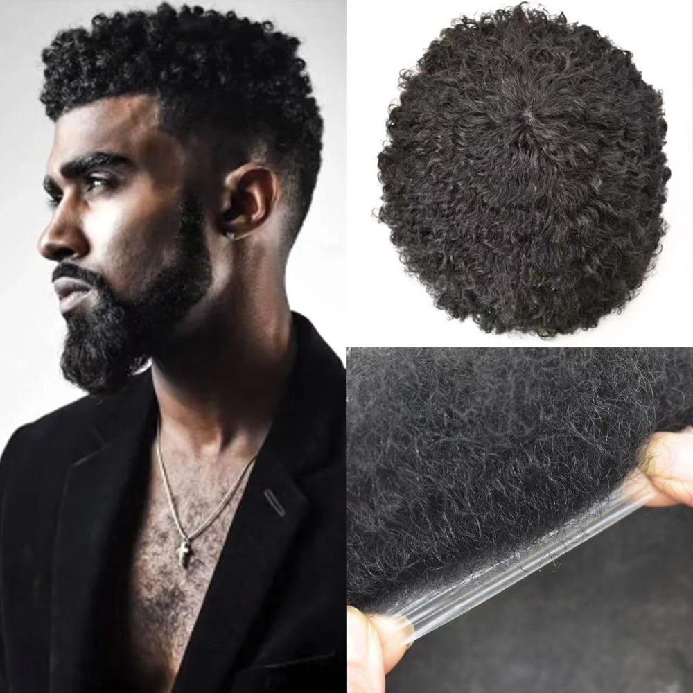 African American Mens Hair System With 0.06mm Super Thin Skin V-looped Base Afro Curly Toupee For Black Men Natural Hairline Hair Units for Black Men Afro Mens Toupee8"X10"#1B Off Black-10MM Wavy