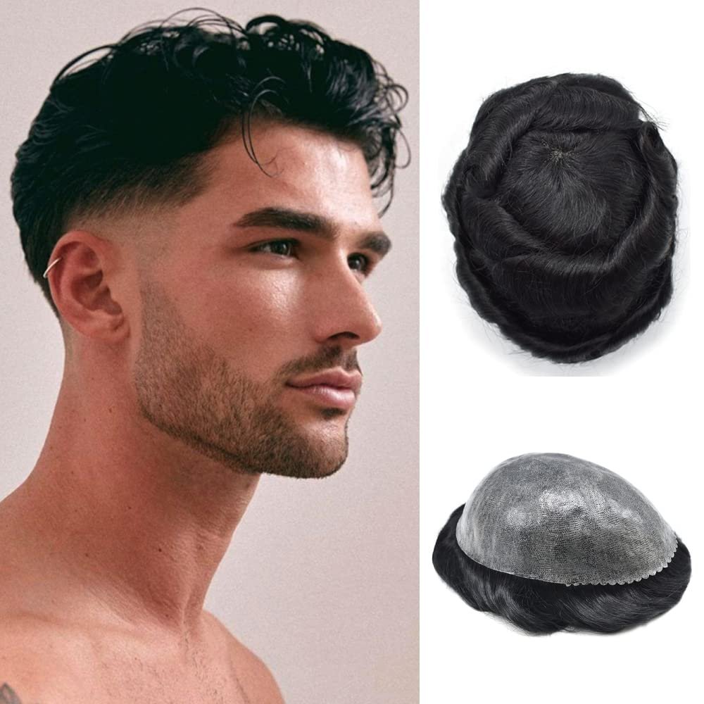 Healthlif Hair Toupee For Men Real Hairline Human Hair Piece For Men Toupee Hair Replacement System PU Skin Mens Hairpieces Protesis Capilar Para Hombre 7X9#1 Jet Black
