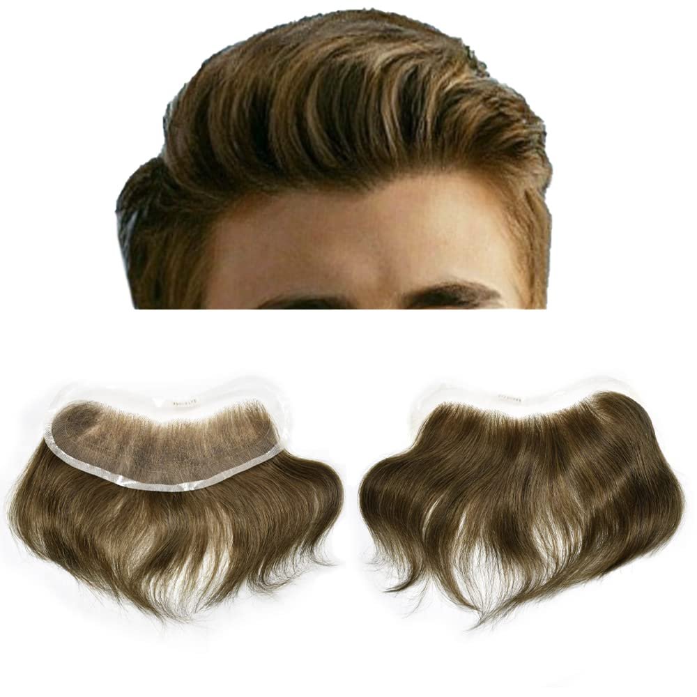 Mens Hair Topper Mens Frontal Natural Hairpiece Hairline Replacement System Real Human Hair Frontal Hairpiece #4 Medium Brown-100% Density