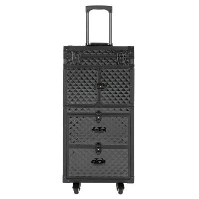 Headery Professional Rolling Makeup Train Case 4-in-1 Aluminum Cosmetic Trolley Multi-functional Large Capacity Manicure Barber Salon Makeup Travelling Case for Hairstylist Manicurists