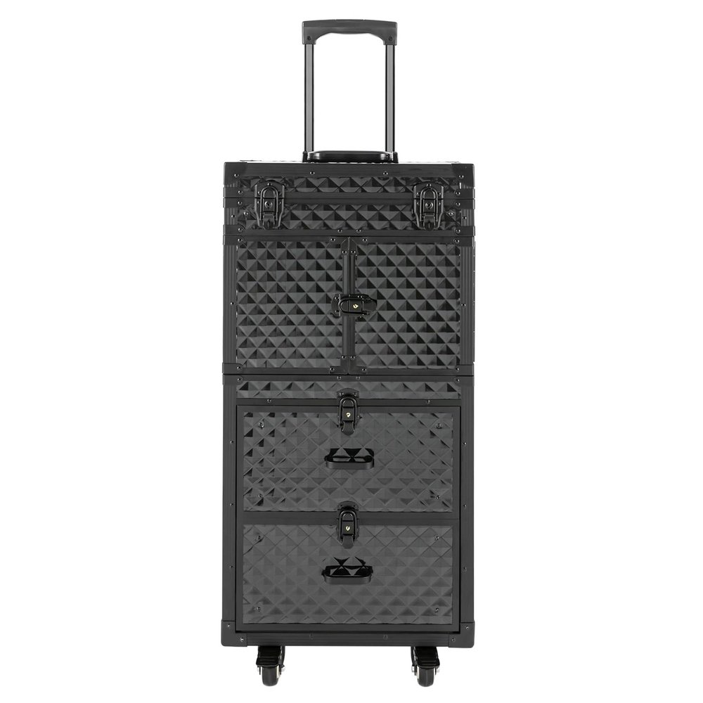 Headery Professional Rolling Makeup Train Case 4-in-1 Aluminum Cosmetic Trolley Multi-functional Large Capacity Manicure Barber Salon Makeup Travelling Case for Hairstylist Manicurists