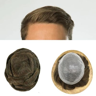 LYRICAL HAIR Toupee for Men System Replacement Mens Human Hair Piece All V-Looped Poly PU 0.03mm Thin Skin Mens Wig Natural Hairline (8"X10" - 110% Light to Medium Density, 4# - Medium Brown)
