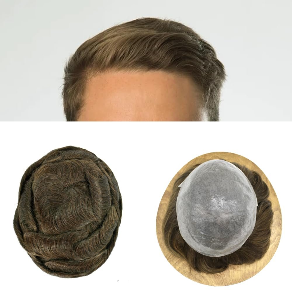 LYRICAL HAIR Toupee for Men System Replacement Mens Human Hair Piece All V-Looped Poly PU 0.03mm Thin Skin Mens Wig Natural Hairline (8"X10" - 110% Light to Medium Density, 4# - Medium Brown)