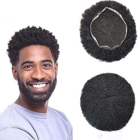 Hair Unit For Black Men Afro Toupee African American Weave Afro Lace Hair Piece Kinky Curly Black Man Hair Afro Toupee Hair Unit 8''X10'' 10MM Afro Wave #1 Jet Black