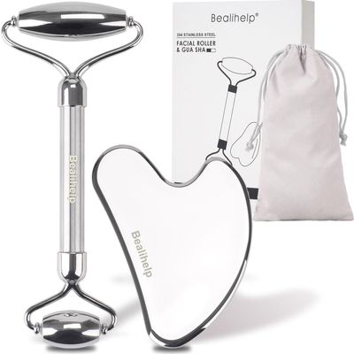 Bealihelp Face Roller and Gua Sha, Stainless Steel Facial Roller and Guasha Tool for Face, Skin Care Roller for Wrinkles and Lifting, Improve Puffiness, Metal Face Massager for Eyes, Neck Tighten