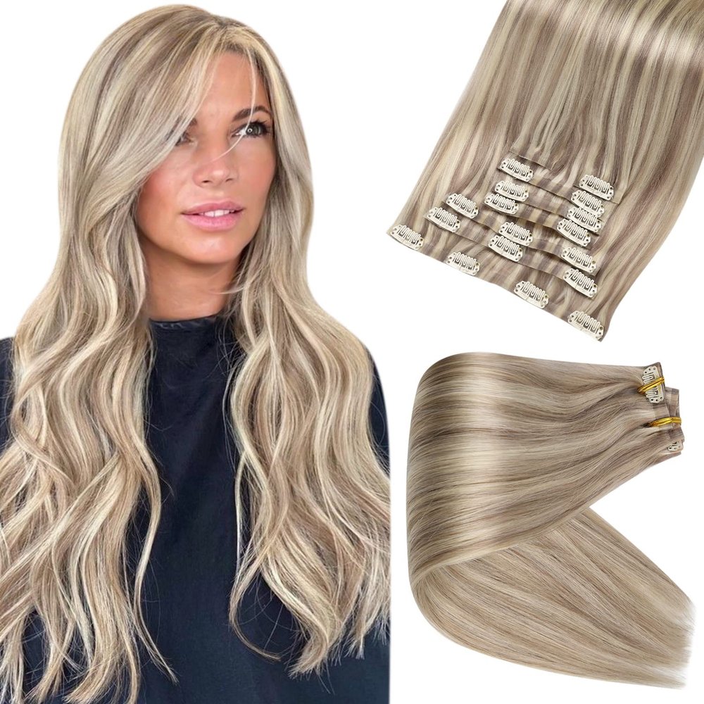 Full Shine Tape in Hair Extensions Human Hair 18 Highlight 613 Blonde 18inch 50g 20PCS and Blonde Seamless Clip Ins Highlights #18/613 12inch 80g 8PCS