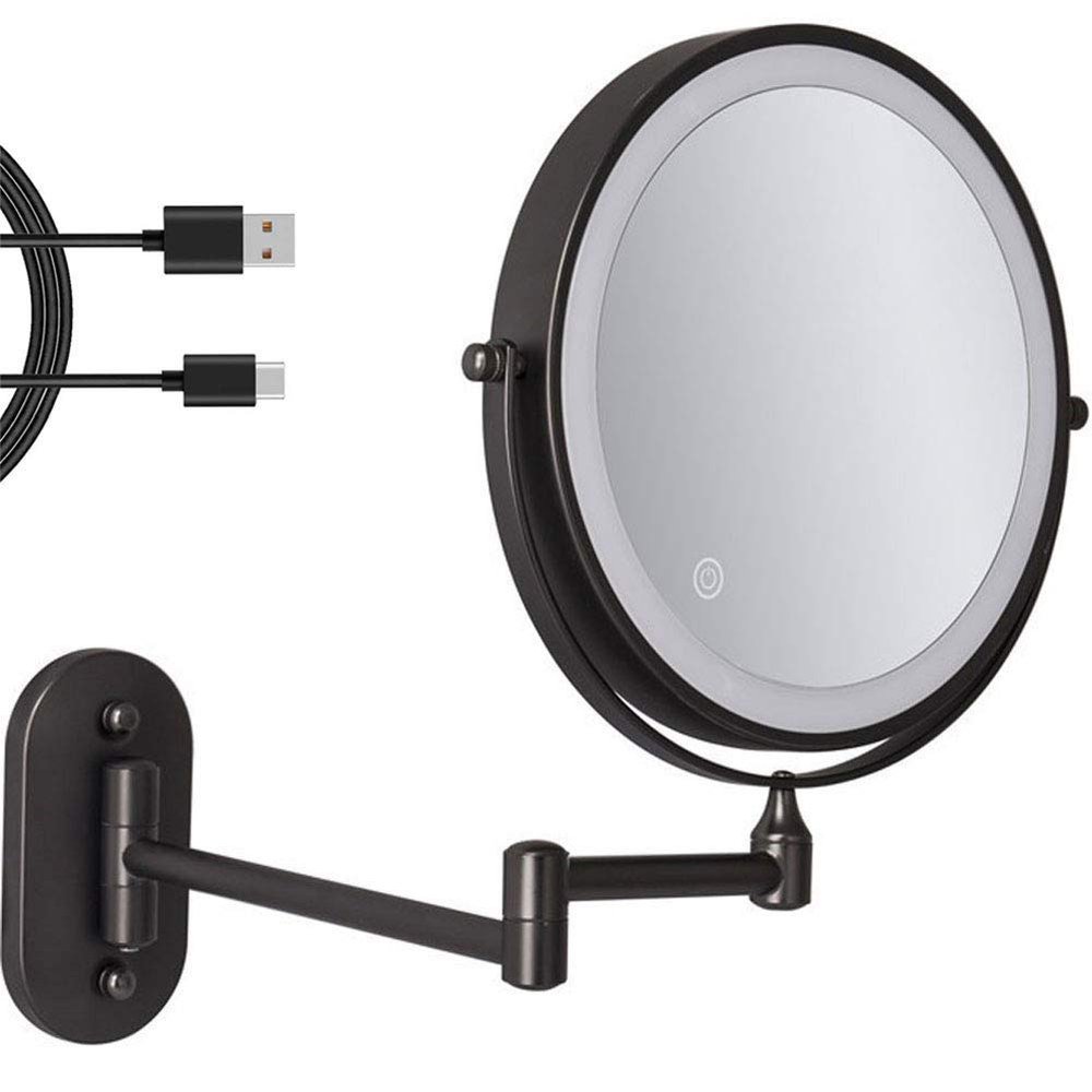 8'' Wall Mounted Makeup Mirror Black USB Rechargeable Double Sided with 3 Tones LED Lights 1x/5x Magnifying Bathroom Mirror for Shaving Extendable Arm Touch Control1X/5X