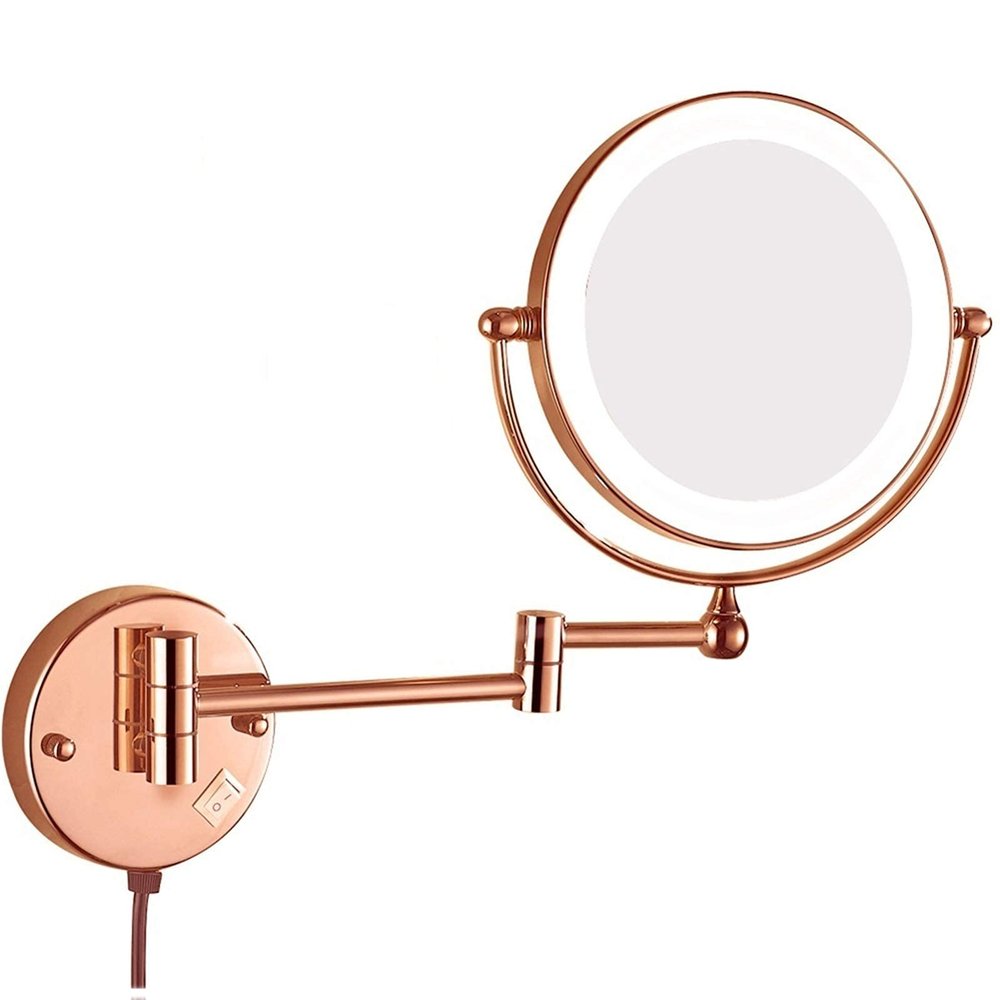 8 Inch Illuminated Makeup Mirror Double Sided Magnification Mirror with Led Light Bathroom Extendable Wall-Mounted Vanity Shaving Mirror with Switch Plug Black 7X (Rose Gold 10X)