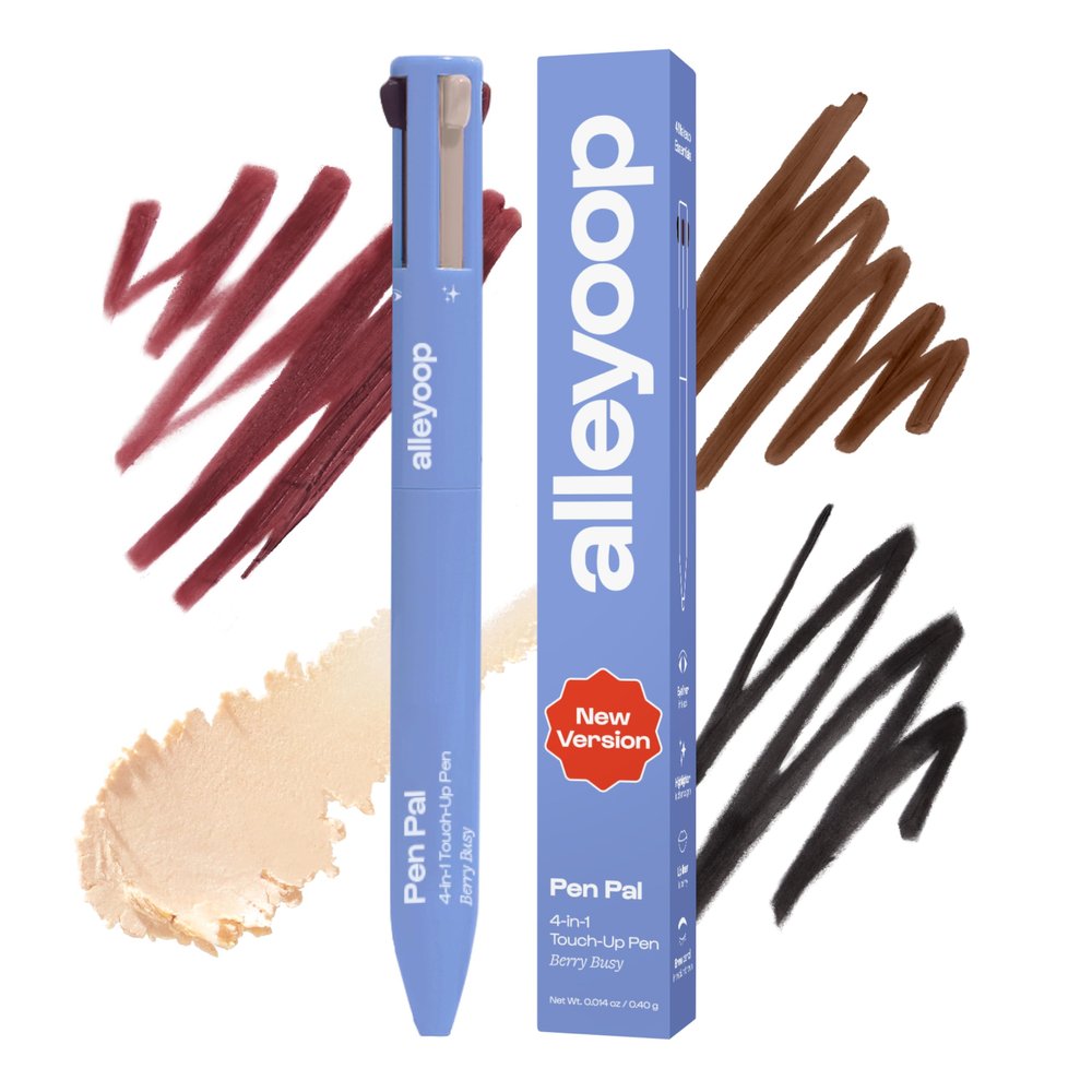 Alleyoop Pen Pal 4-in-1 Makeup Pen Comes with Eyeliner, Lip Liner, Highlighter Makeup & Eyebrow Pencils for Women Portable, Touch-Up On the Go Cruelty-Free, Vegan (Berry Busy (Medium - Deep)