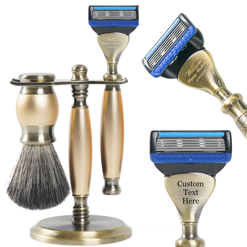 FREED 4-piece Luxury 5-Blade Razor set,Bronze Series Customized gift, Aluminum Alloy Material include 5 Blades,razor stand,razor brush,It's the best gift for men (Gold)