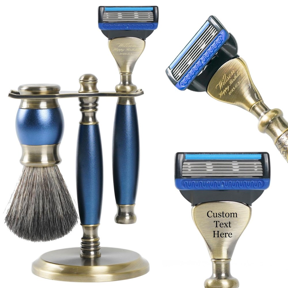FREED 4-piece Luxury 5-Blade Razor set,Bronze Series Customized gift, Aluminum Alloy Material include 5 Blades,razor stand,razor brush,It's the best gift for men (Blue)