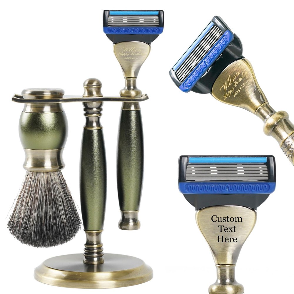 FREED 4-piece Luxury 5-Blade Razor set,Bronze Series Customized gift, Aluminum Alloy Material include 5 Blades,razor stand,razor brush,It's the best gift for men (Green)