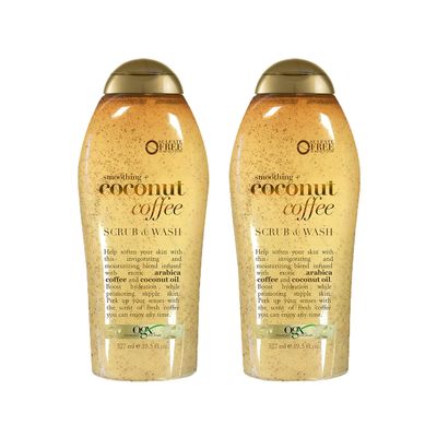 OGX Smoothing + Coconut Coffee Exfoliating Body Scrub with Arabica Coffee & Coconut Oil, Moisturizing Body Wash for Dry Skin, Paraben-Free with Sulfate-Free Surfactants, 19.5 Fl Oz, 2 Pack