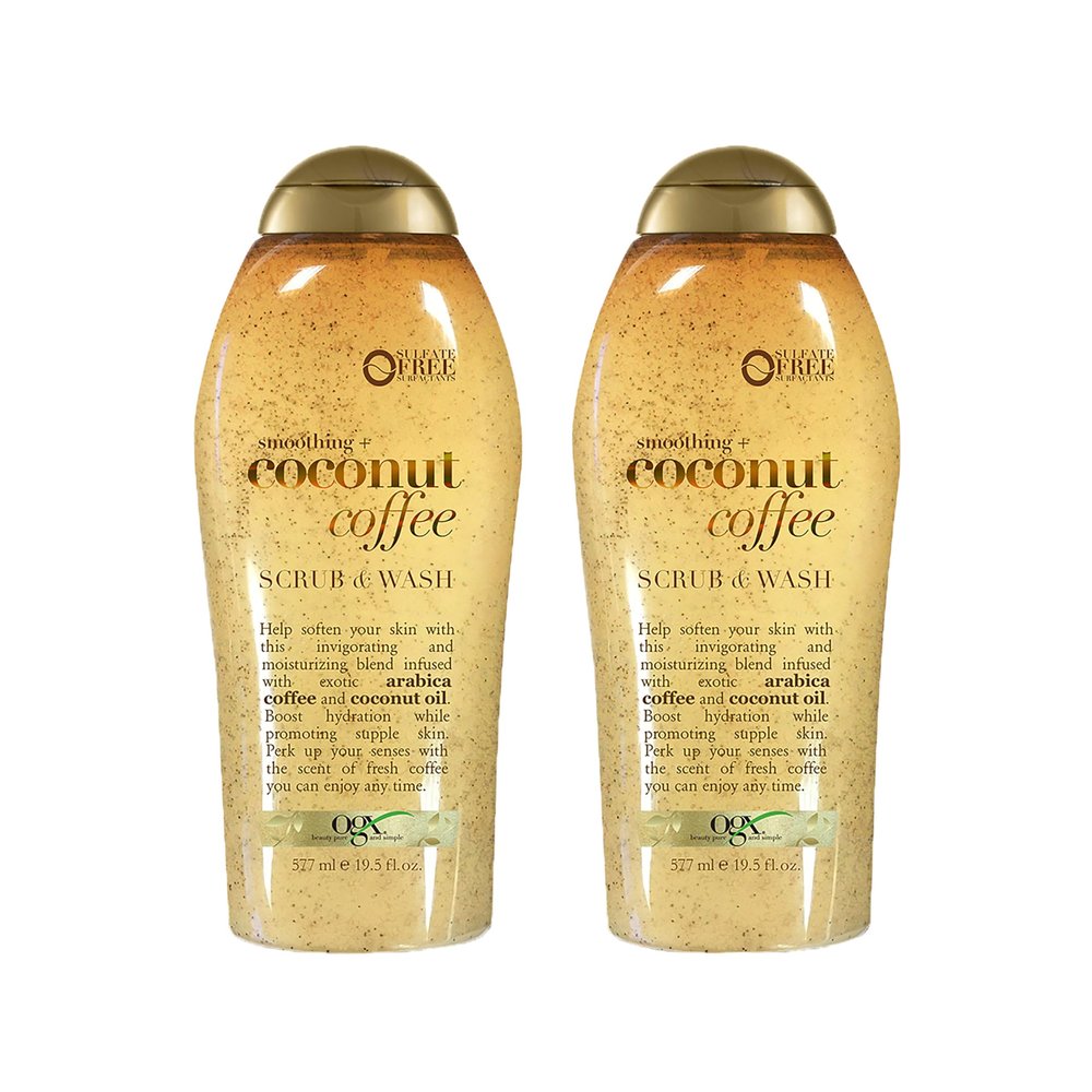 OGX Smoothing + Coconut Coffee Exfoliating Body Scrub with Arabica Coffee & Coconut Oil, Moisturizing Body Wash for Dry Skin, Paraben-Free with Sulfate-Free Surfactants, 19.5 Fl Oz, 2 Pack