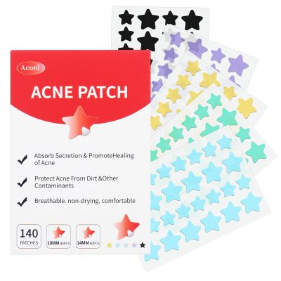 Aconl Acne Pimple Patch Absorbing Hydrocolloid,Cute Star Zit Covers, Star Pimple Patches for Face Stars Hydrocolloid Acne Patches 2 Sizes (10mm, 14mm) |140 Count