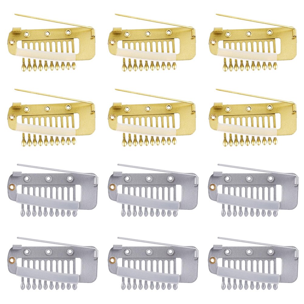 12pcs Wig Clip with Safety Pins, 10-Teeth Hair Extension Snap Invisible Wig Combs to Secure Wig No Sew Chunni Grip Dupatta Clips for Girls Women Wig Headscarf Hijab & Tikka (Gold, Silver)