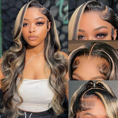 Aveiyce 13x6 1b/27 Highlight Ombre Balayage Lace Front Wigs Human Hair Black and Blonde Body Wave Lace Frontal Wig Pre Plucked with Baby Hair for Black Women HD Transparent 180% Density Wig 24 Inch