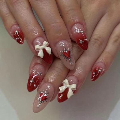 24 Pcs Valentines Day Press on Nails Red Heart Almond Fake Nails with Design Red Gradient Bow False Nails with Pearl Design Cute Acrylic Glue on Nails Full Cover Stick on Nails for Women Girls