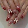 24 Pcs Valentines Day Press on Nails Red Heart Almond Fake Nails with Design Red Gradient Bow False Nails with Pearl Design Cute Acrylic Glue on Nails Full Cover Stick on Nails for Women Girls view 1