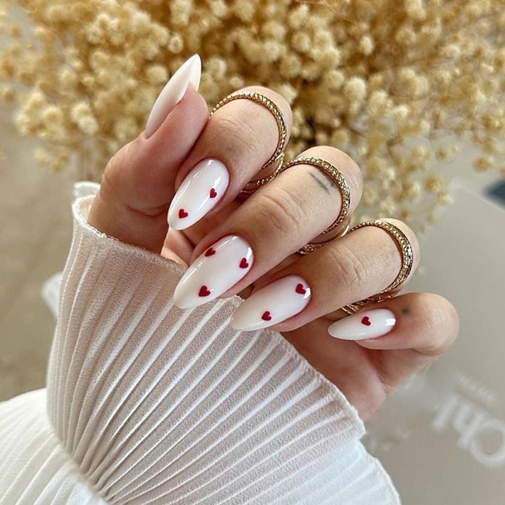 24Pcs Valentines Milky White Press on Nails Medium Almond Fake Nails with Red Heart Design False Nails Valentines Cute Acrylic Stick Glue on Nails for Women Girlfriend Gift