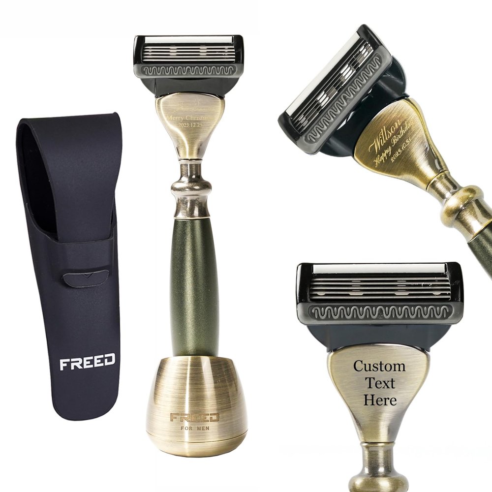 FREED 5-Blade Razor 4-piece travel set,Bronze Series Customized gift, Aluminum Alloy Material include 5 Blades,travel case,razor base,It's the best gift for men (Green)