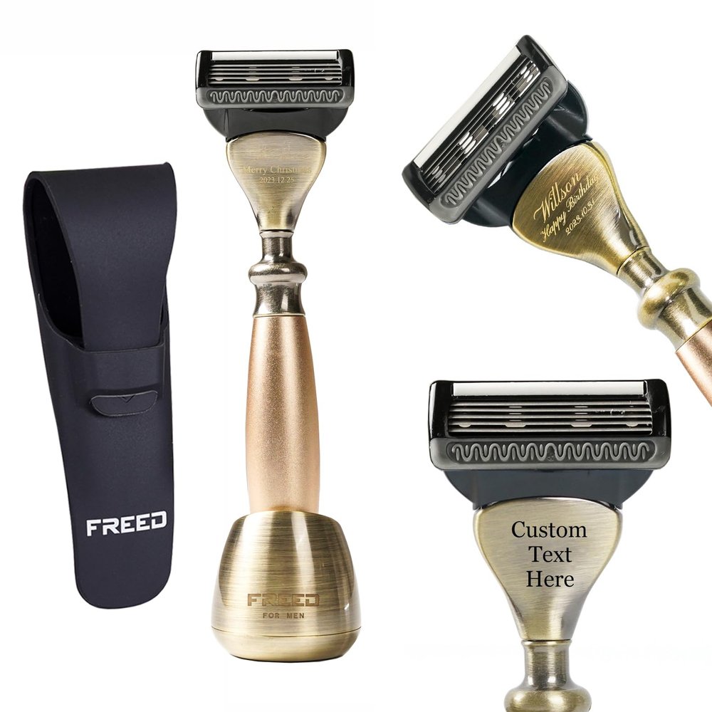 FREED 5-Blade Razor 4-piece travel set,Bronze Series Customized gift, Aluminum Alloy Material include 5 Blades,travel case,razor base,It's the best gift for men (Gold)