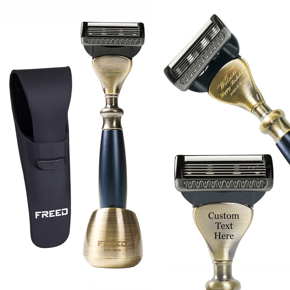 FREED 5-Blade Razor 4-piece travel set,Bronze Series Customized gift, Aluminum Alloy Material include 5 Blades,travel case,razor base,It's the best gift for men (Blue)