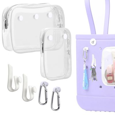 Everfunny 3 Packs Clear Bogg Beach Tote Bag with 2 Pack Insert Hooks Accessories for Bogg Bags Travel Makeup Clean Toiletry Brush Organizer Cosmetic Divider Storage Inner Pouch (White set of 2)