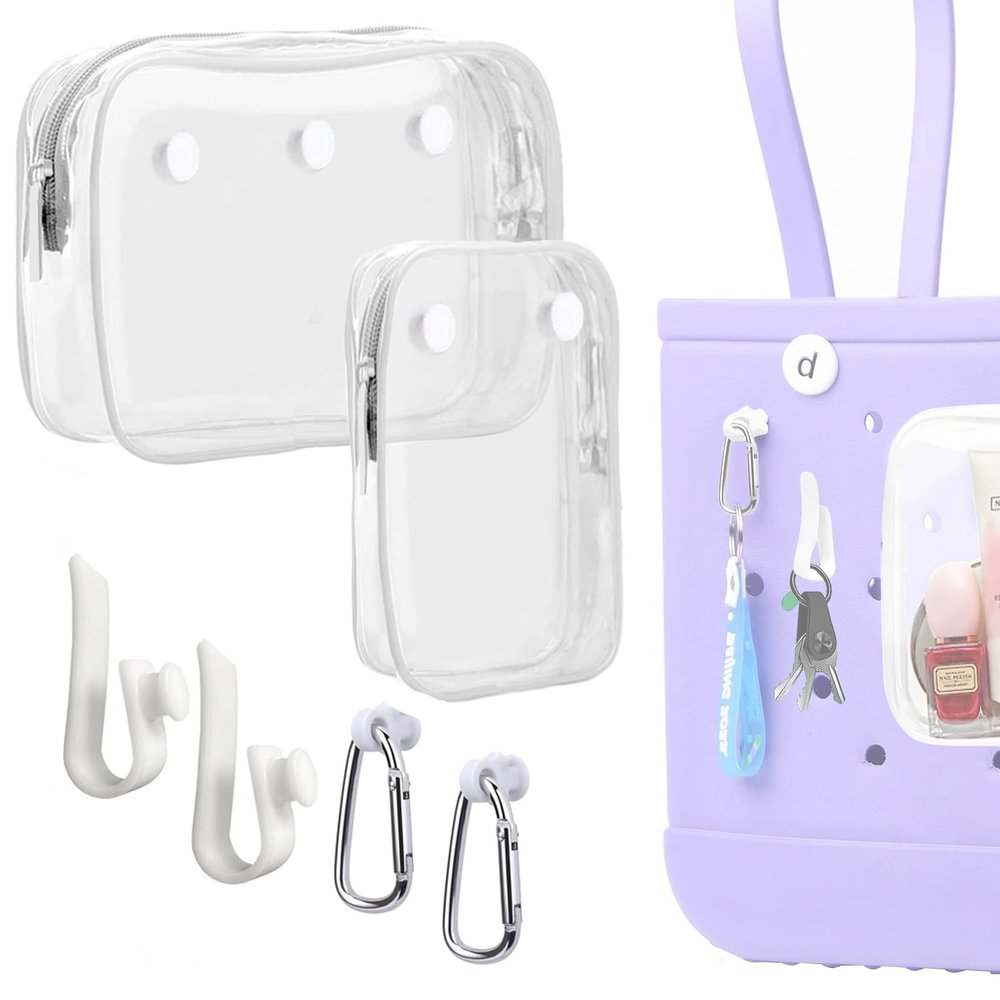 Everfunny 3 Packs Clear Bogg Beach Tote Bag with 2 Pack Insert Hooks Accessories for Bogg Bags Travel Makeup Clean Toiletry Brush Organizer Cosmetic Divider Storage Inner Pouch (White set of 2)
