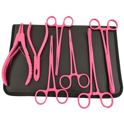 MuskalMed Hot Pink 7 Piece Body Piercing Instruments Kit Tools Pennington Sponge Forceps Stainless Steel Instruments with Carry Case MBK-P-01
